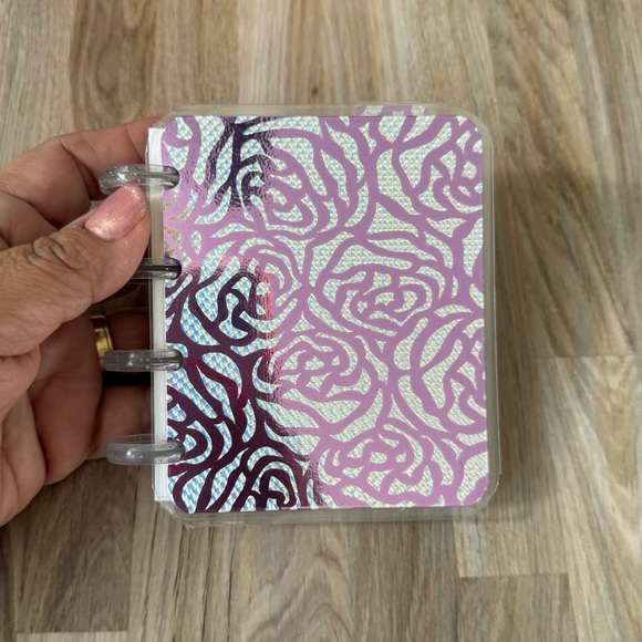 Micro planner holographic roses pink and silver weekly layout.